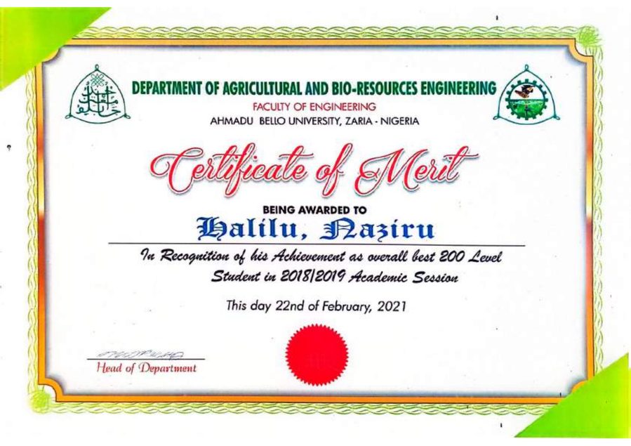 Certificate of Merit, Best 200 Level Student