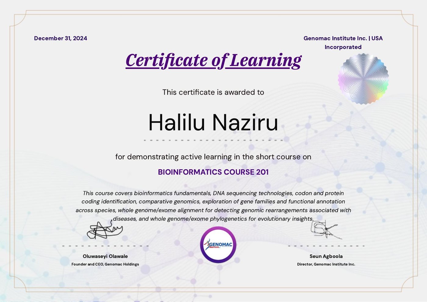 Certificate of Learning, Bioinformatics Course 201