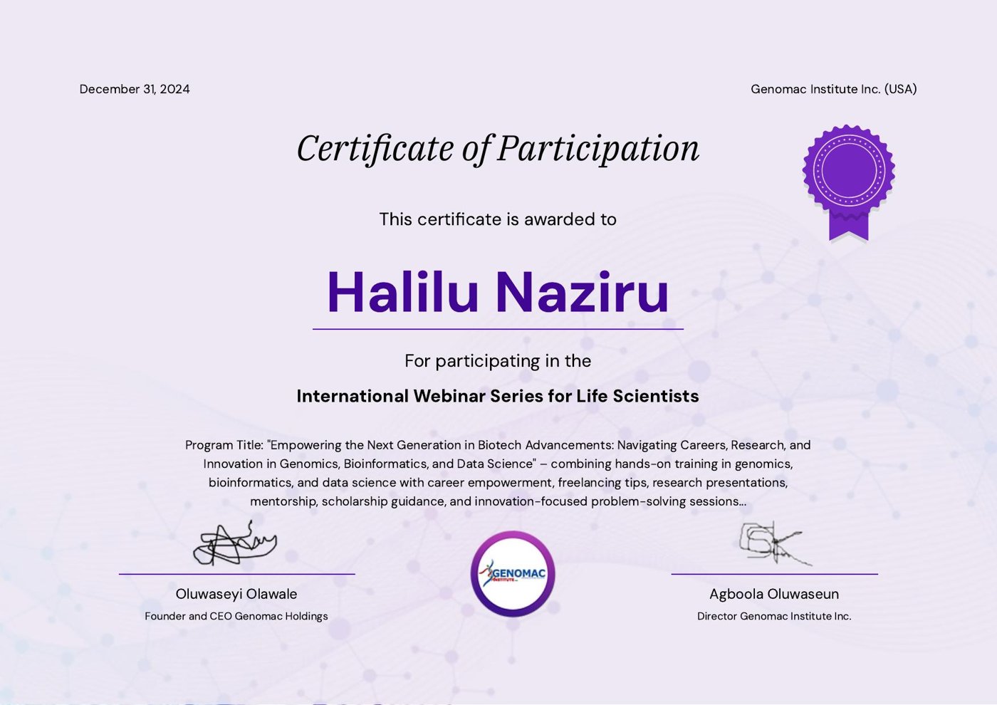 Certificate of Participation, International Webinar Series for Life Scientists