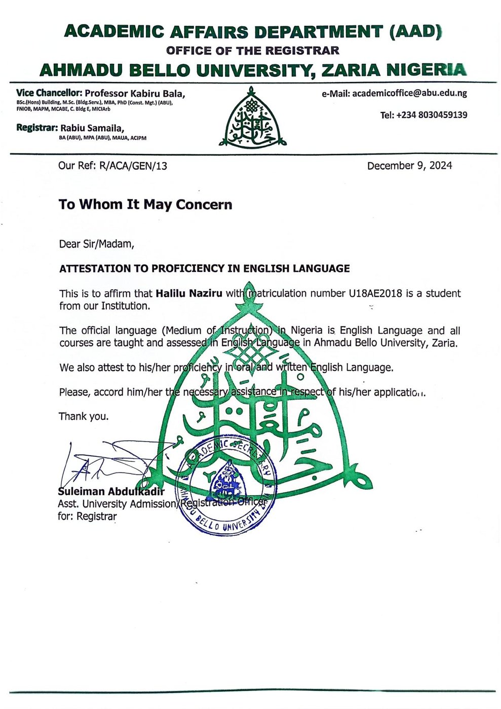 Attestation to Proficiency in English Language