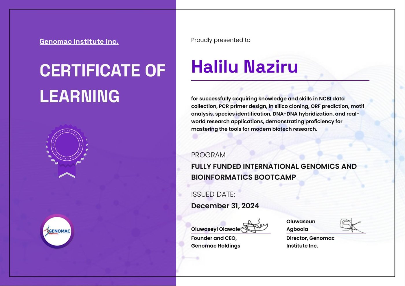 Certificate of Attendance, Explore AI in Bioinformatics