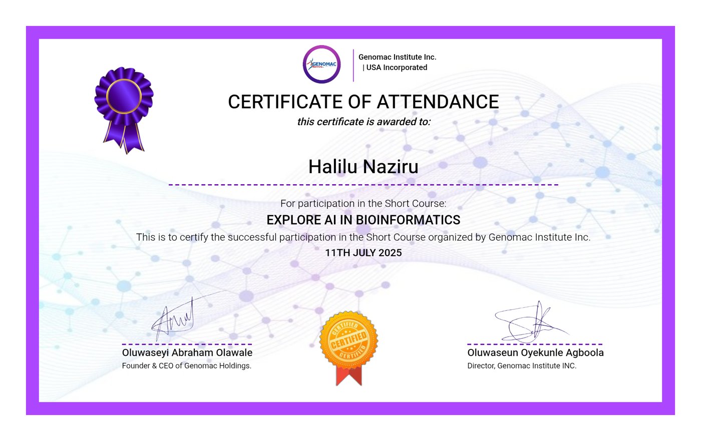 Certificate of Learning, Fully Funded International Genomics and Bioinformatics Bootcamp