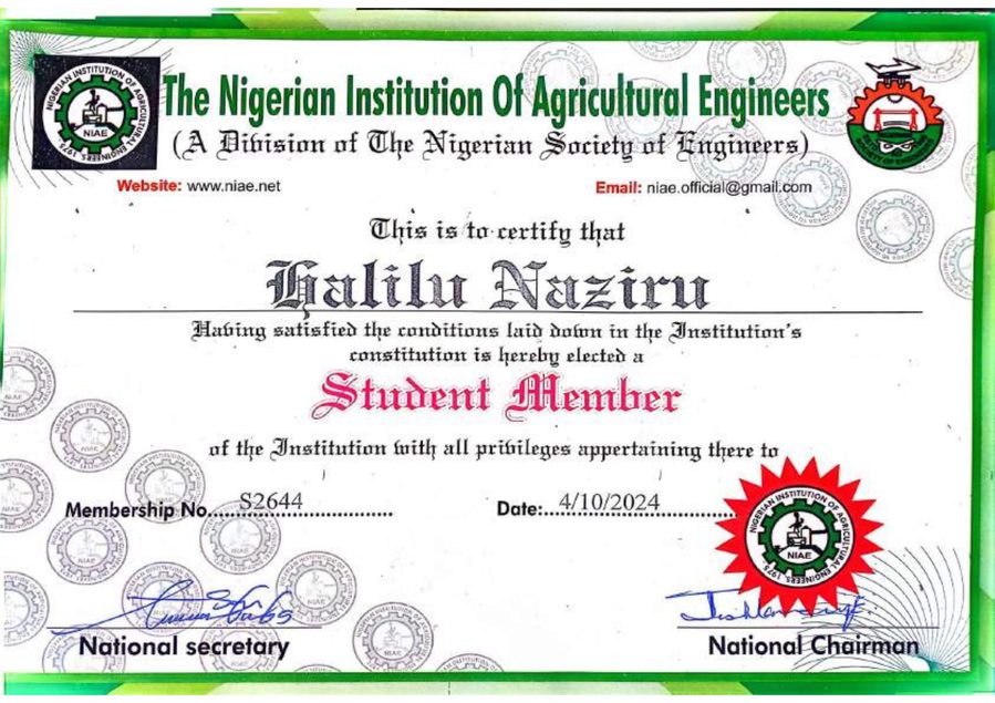 NIAE Student Member Certificate