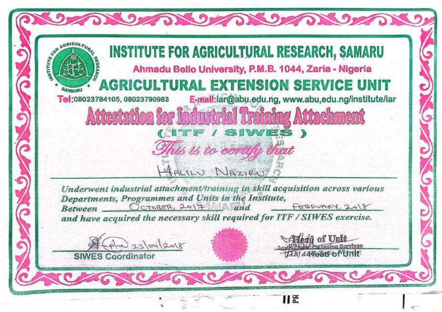 SIWES Industrial Attachment Attestation