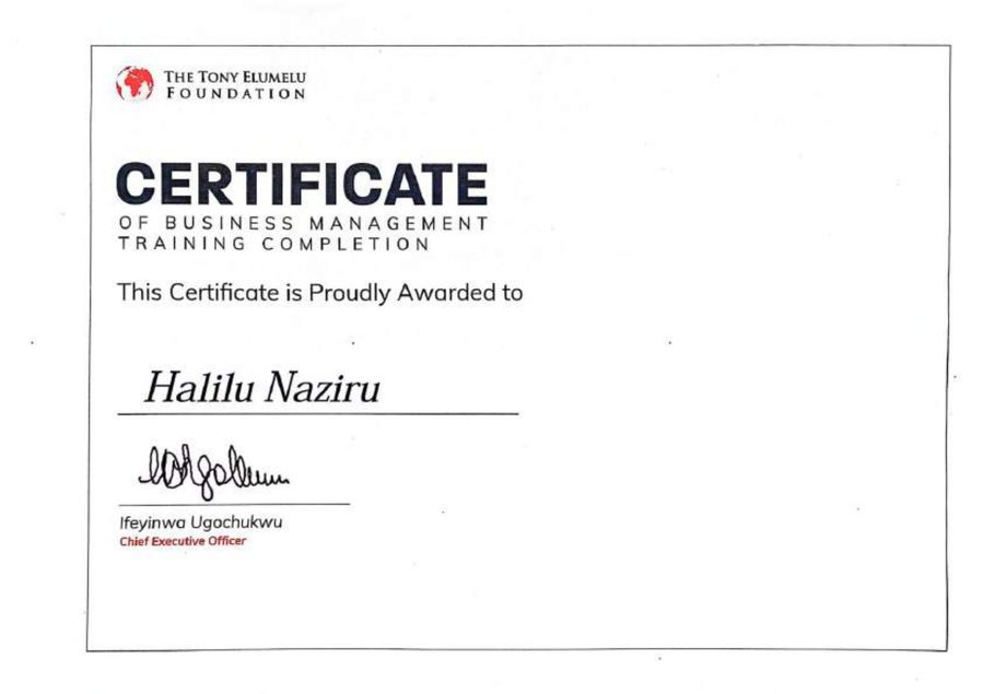 Tony Elumelu Foundation Certificate