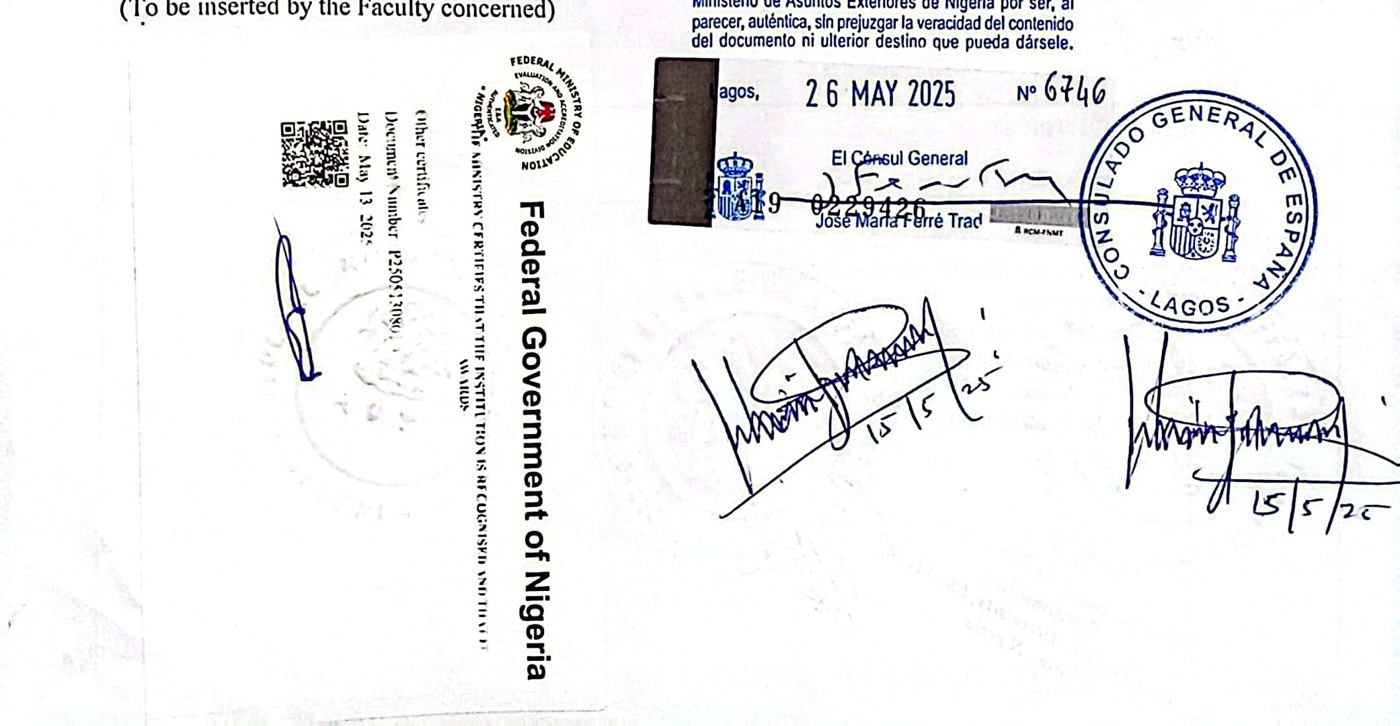 Federal Ministry of Education and Consulado General de Espana en Lagos legalization stamps