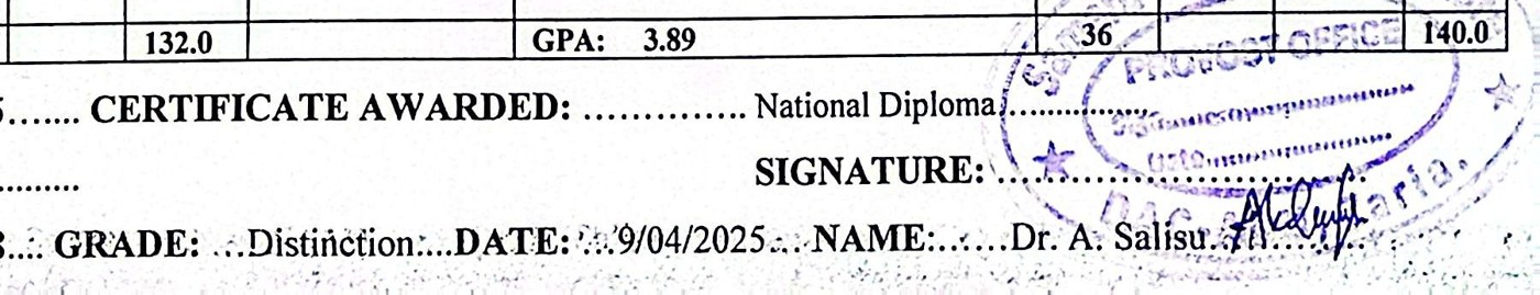 Dr. A. Salisu, National Diploma certificate signature and college seal