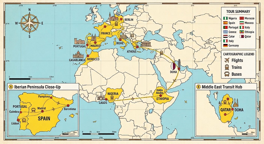Illustrated tour map of 10 countries visited